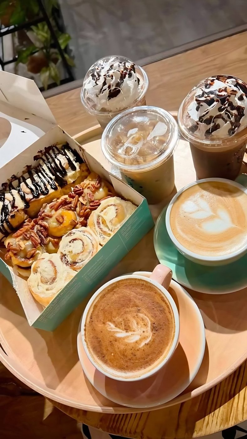Cinnamon rolls served with coffee