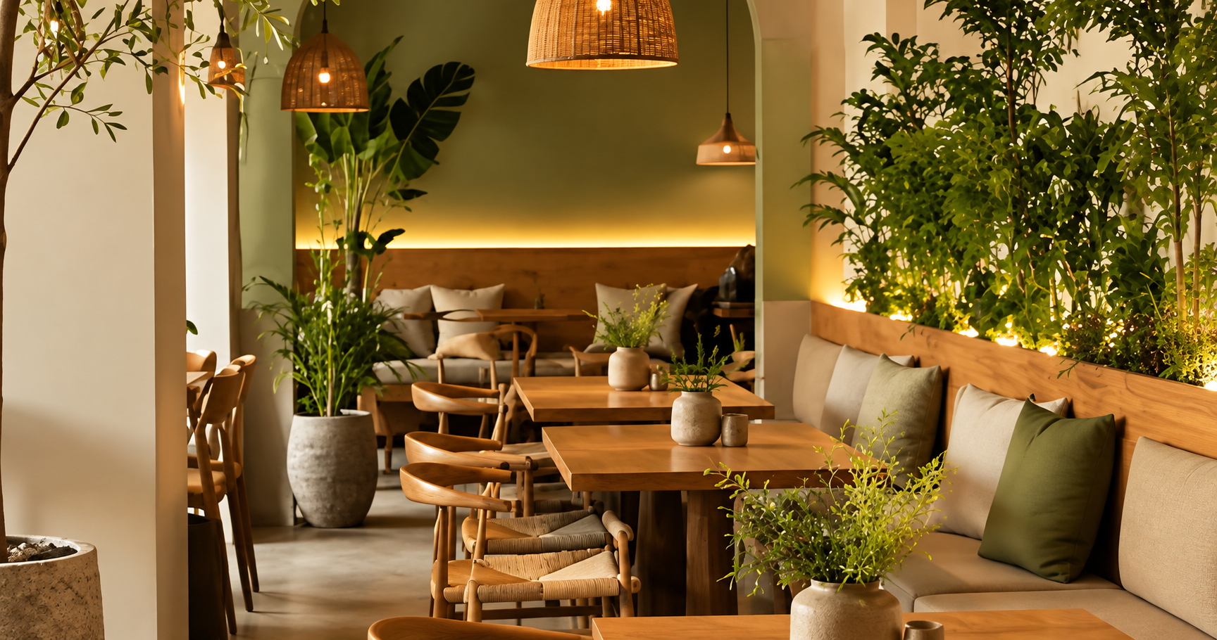 Warm arched café interior at Petals & Plates