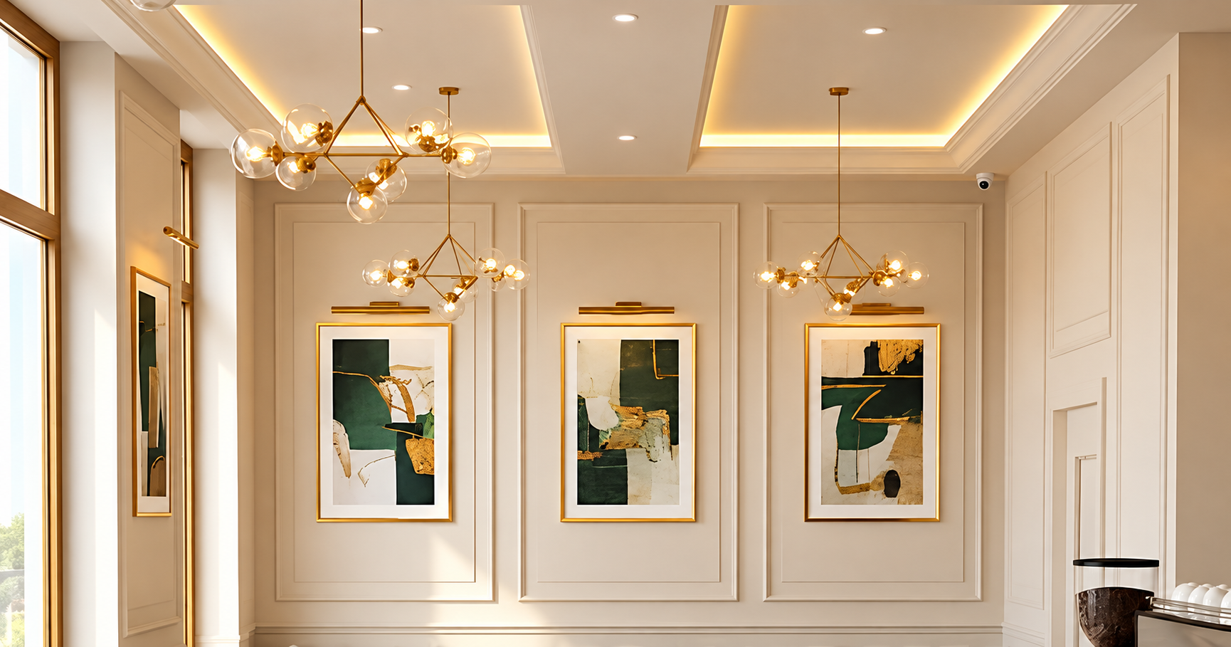 Cream and gold café seating at Petals & Plates