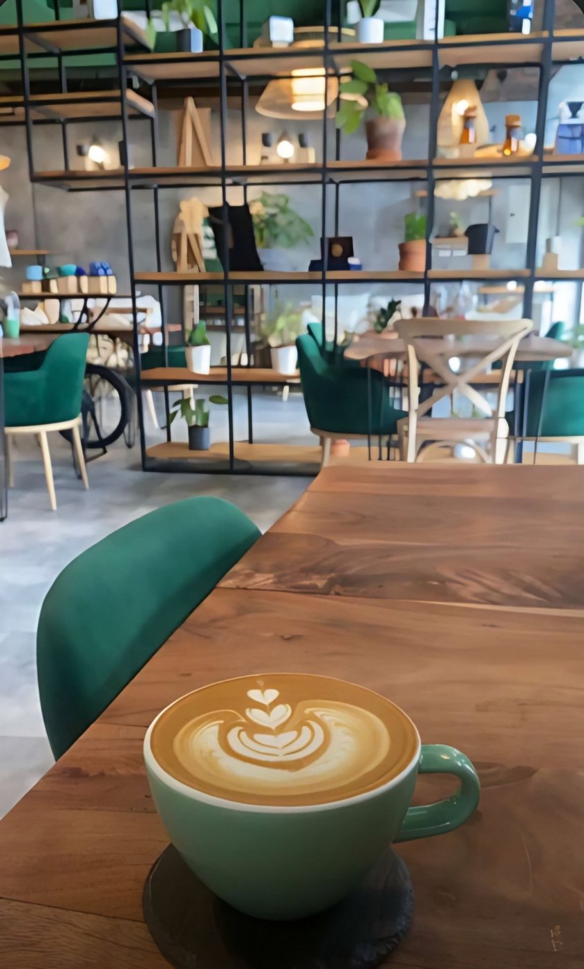 Green cup of latte with art at Petals & Plates